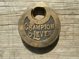Vtg Antique Champion 6 Lever Brass Round Padlock Lock Old No Key