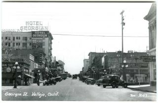 1940s Rppc Vallejo Ca Street Shops,  Cars,  Theater,  Hotels,  Grill Real Photo Postcard