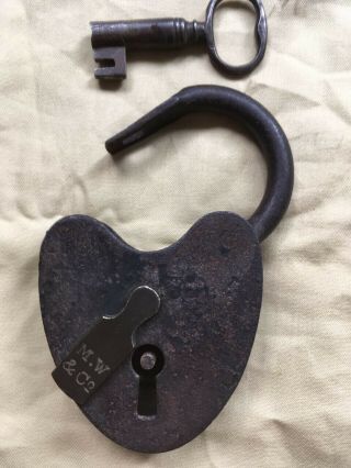 Vintage 1800s Antique M.  W.  & Co Heart Shaped Pad Lock W/ Skeleton Key
