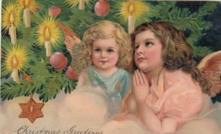 Christmas,  1908 ; Candle Lit Tree & 2 Angels 2,  Pfb 6961