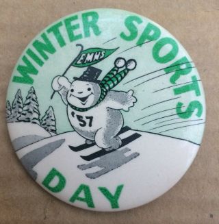 Vintage Pinback Button Edina Minnesota Winter Sports Day 1957 Snowman Skis