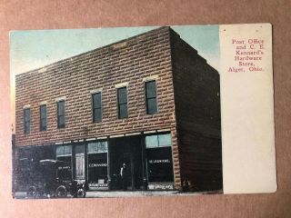 Early Unposted Postcard Post Office & Kennarf’s Hardware Store Alger Oh