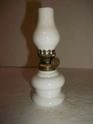 Vintage Mini Hurricane Oil Lamp Milk Glass Spool Base & Chimney Hong Kong 4.  5 "