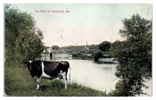 1911 Fox River And Bridge At Princeton,  Wi Postcard 5o3