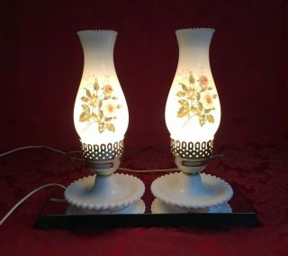 2 Vintage Hurricane Boudoir Vanity Lamps White Milk Glass Hand Painted Roses