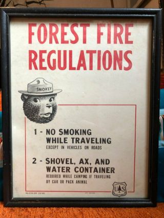 Vintage Smokey Bear Forest Fire Regulations Poster Framed Usfs Us 1965