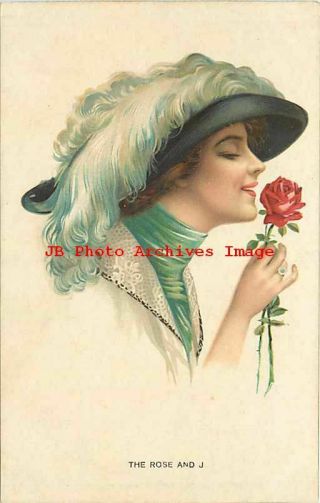 Unknown Artist,  H & S Art Print No 1557 D.  1,  The Rose And J,  Pretty Woman & Hat
