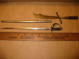 2 Vintage Miniature Letter Openers 1 Army Sword & Scabbard 1 Scimitar Blade