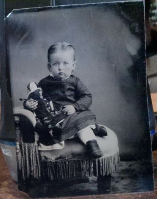 Cdv Tintype Little Boy Holding A China Head Doll On A Posing Chair