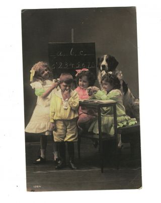 Mc3160 Victorian Kids With Big.  St.  Bernard Dog In The Classroom Rppc