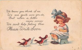 Robins Singing To Cute Little Girl - Please Write Soon - 1918 Pc - C.  Twelvetrees Art
