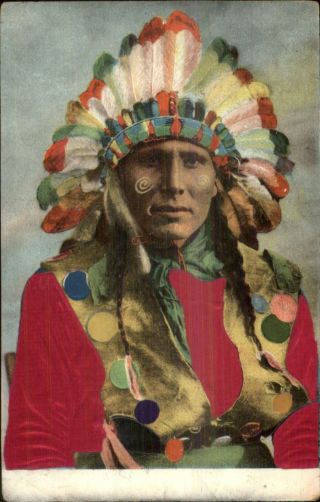 Native American Indian Headdress Real Silk C1905 Postcard