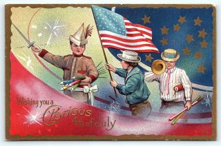 Postcard Fourth 4th Of July Patriotic Boys Flag Fireworks Bugle 1910 Nash A01