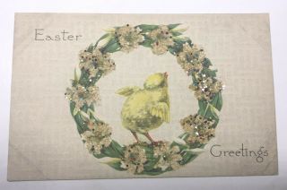 Vintage Easter Postcard Gibson,  Series 947,  Chick,  Flowers Glittter Unposted