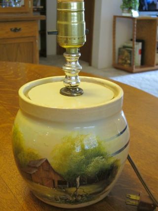 Vintage Stoneware Crock Jar Hand Painted Folk Art Table Lamp Base No Shade