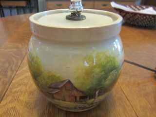 Vintage Stoneware Crock Jar Hand Painted Folk Art Table Lamp Base no Shade 2