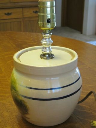 Vintage Stoneware Crock Jar Hand Painted Folk Art Table Lamp Base no Shade 3