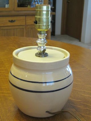 Vintage Stoneware Crock Jar Hand Painted Folk Art Table Lamp Base no Shade 4