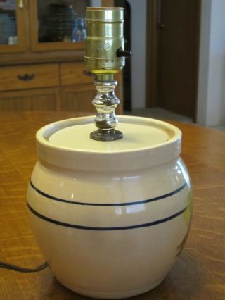 Vintage Stoneware Crock Jar Hand Painted Folk Art Table Lamp Base no Shade 5