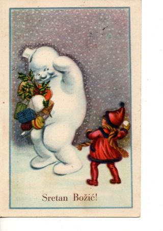 Postcard Christmas Holiday Snowman Little Girl Throwing Snowball 426