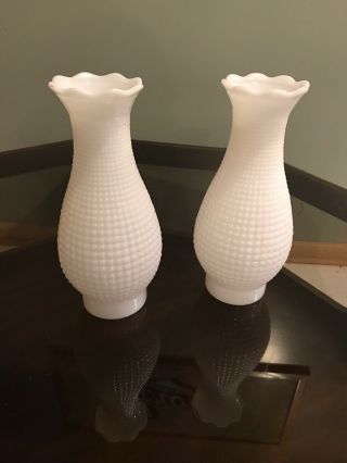 2 Vintage White Milk Glass Hobnail / Corn Row Hurricane Chimney Oil Lamp Shade