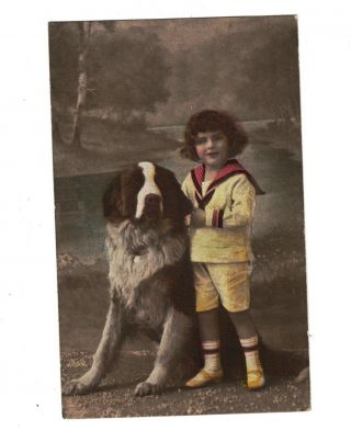 Mc3158 Victorian Boy With His Big St.  Bernard Dog Posing Volor Printed Postcard