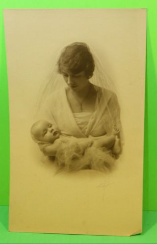 Antique Photo Mother & Baby Christening Signed By Photographer Vintage Design