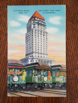 Vintage Postcard Dade County Court House Miami Florida - Train