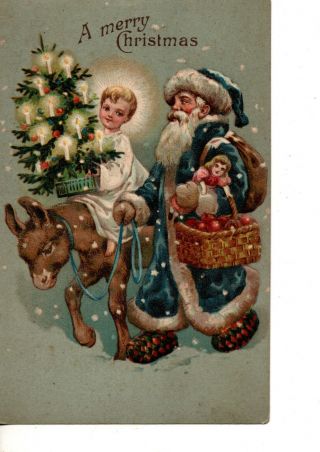 Postcard Christmas Santa Claus In Blue Suit Donkey Candle Lit Tree 589