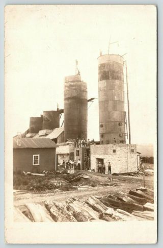 Rppc Man Stands Atop Silo & Other Farm Workers On Roof Railroad Cart Tracks 1913
