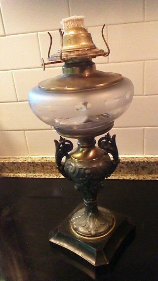 Antique Vintage Oil Lamp Pewter Etched Glass