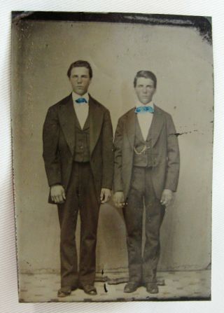 Antique Tintype Photo Portrait 2 Handsome Dapper Young Men Standing At Attention