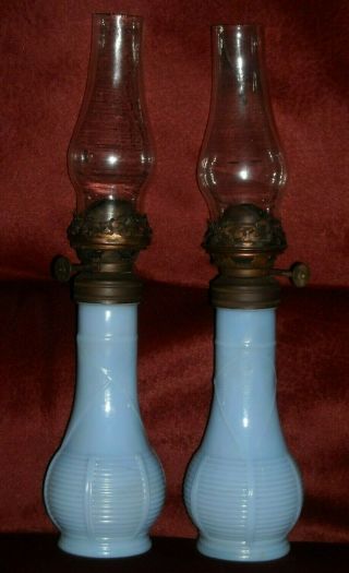 Pair Antique Vintage Mniature 7 " Blue Milk Glass Oil Lamps,  Sterling Usa