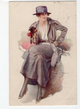 A/s Terzi Art Deco Lady With Dog Puppy Pinscher Chihuahua A3038