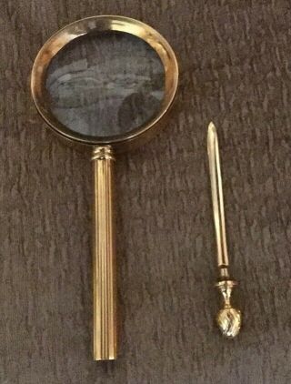 Vintage Brass Gold Magnifying Glass W/ Screw - Out Built - In Letter Opener 10”