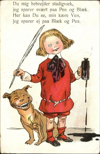 Buster Brown And Tige Pit Bull Dog Danish Postcard Quill Feather Pen Ink 1909