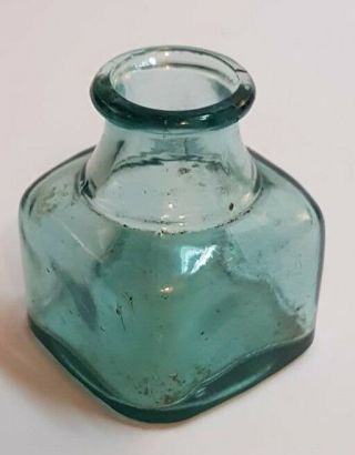 Antique Teal Blue Glass Inkwell Bottle - W/ Suspended Bubbles 3
