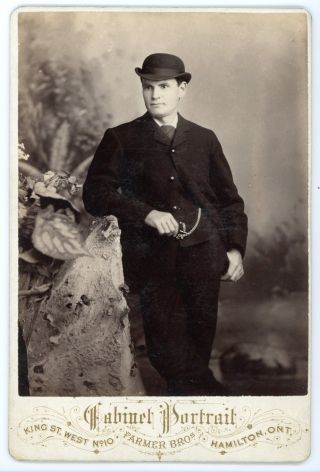 Handsome Dapper Man Suit Bowler Hat Antique Cabinet Card Photo Hamilton Ontario