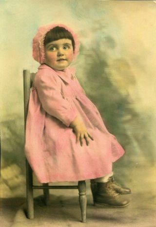 Antique Vintage Hand Tinted Photo Little Girl W Pink Bonnet & Coat On Chair