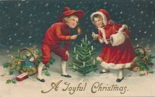 Christmas – Two Children And Small Tree Joyful Christmas