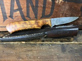 Signed Custom Made Fixed Blade Knife Burl Wood Handle Leather Sheath