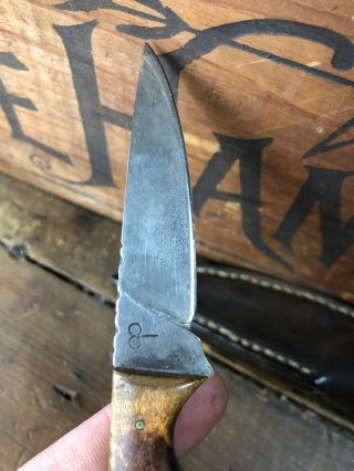 Signed Custom Made Fixed Blade Knife Burl Wood Handle Leather Sheath 4
