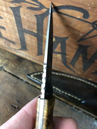 Signed Custom Made Fixed Blade Knife Burl Wood Handle Leather Sheath 5