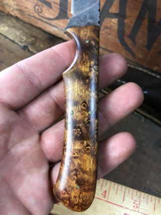 Signed Custom Made Fixed Blade Knife Burl Wood Handle Leather Sheath 6
