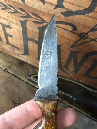 Signed Custom Made Fixed Blade Knife Burl Wood Handle Leather Sheath 7