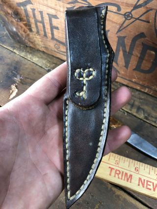 Signed Custom Made Fixed Blade Knife Burl Wood Handle Leather Sheath 8