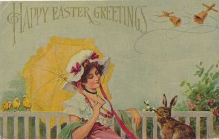 Easter – Rabbit And Woman Sitting On Bench – Udb – Mailed 1908