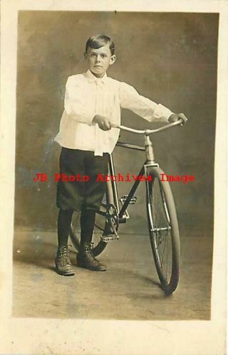 Unknown Location,  Rppc,  Studio Shot,  Boy Posing With His Bicycle