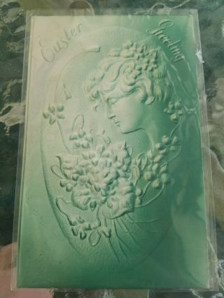 Vintage Embossed Postcard " Easter Greeting " Green Woman W Flowers Pat No.  449675
