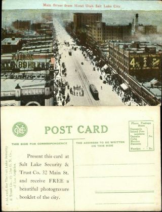 Main Street From Hotel Utah Salt Lake City Street Car Bank Advertising Postcard